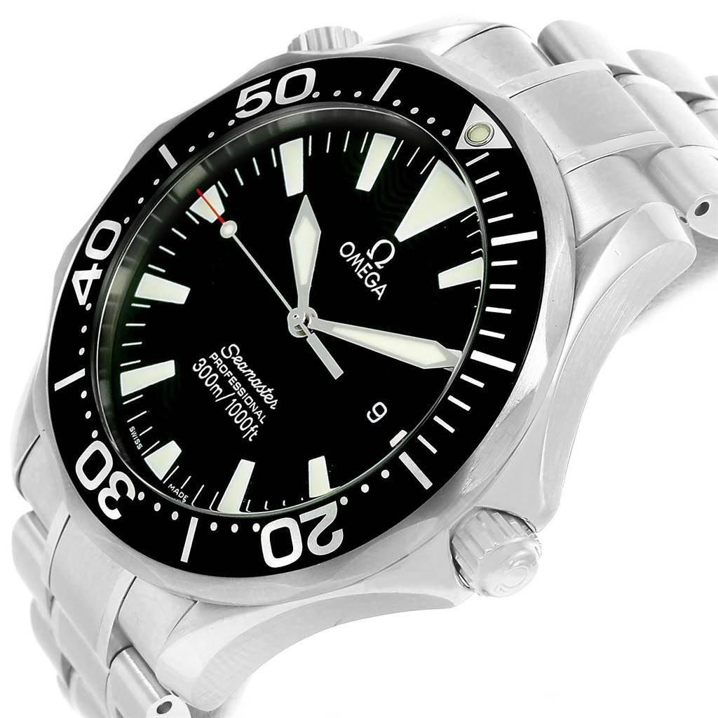 The Omega Seamaster 2264.50.00 Men
s Stainless Steel Black Dial 2264.50.00 Men
s Stainless Steel Black Dial watch is shown at an angled close-up, displaying its face, bezel, bracelet, and crown.