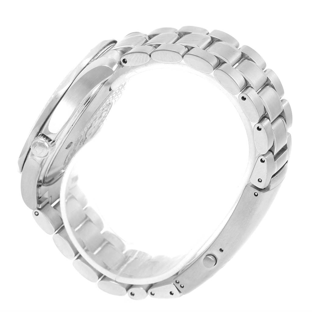 This image shows a side angle of the Omega Seamaster 2264.50.00 Men
s Stainless Steel Black Dial 2264.50.00 Men
s Stainless Steel Black Dial watch, highlighting its stainless steel bracelet and case.