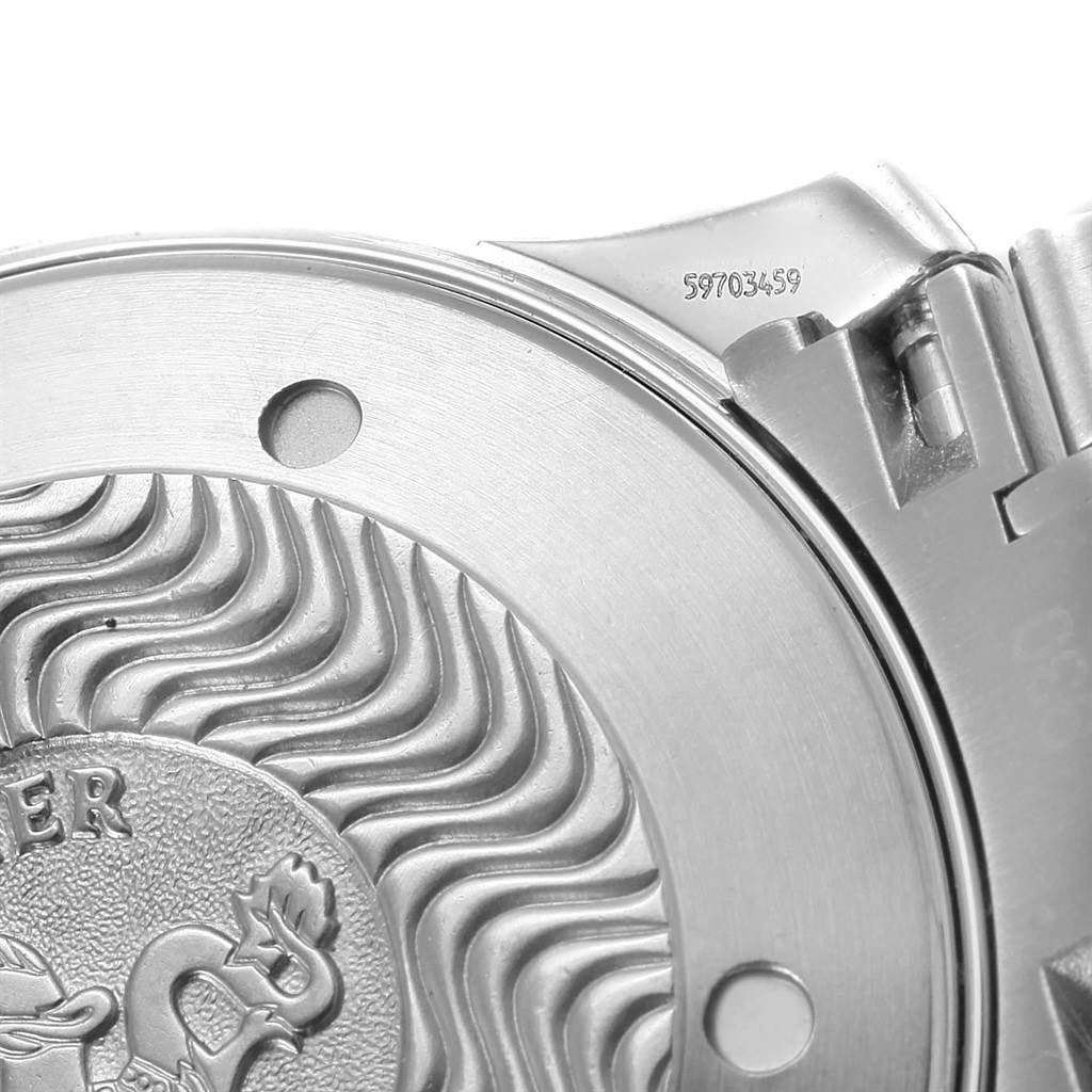 This image shows the engraved case back of an Omega Seamaster 2264.50.00 Men
s Stainless Steel Black Dial 2264.50.00 Men
s Stainless Steel Black Dial watch from an angled close-up view.