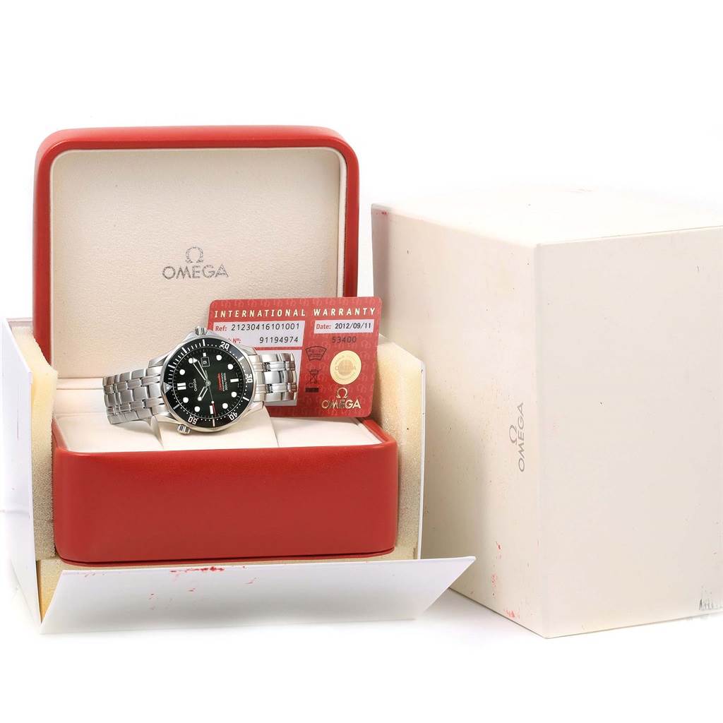 The Omega Seamaster 212.30.41.61.01.001 Men
s Stainless Steel Black Dial 212.30.41.61.01.001 Men
s Stainless Steel Black Dial watch is displayed in its box with an international warranty card visible.