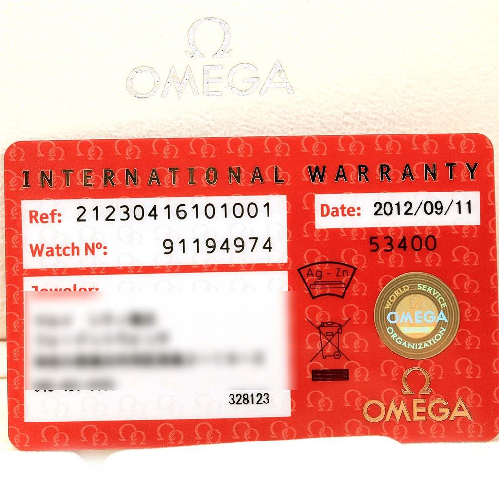 This image shows the international warranty card for an Omega Seamaster 212.30.41.61.01.001 Men
s Stainless Steel Black Dial 212.30.41.61.01.001 Men
s Stainless Steel Black Dial watch.