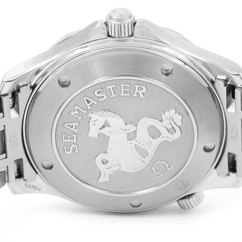 The image shows the back case of an Omega Seamaster 212.30.41.61.01.001 Men
s Stainless Steel Black Dial 212.30.41.61.01.001 Men
s Stainless Steel Black Dial watch, displaying its engraved logo and design.