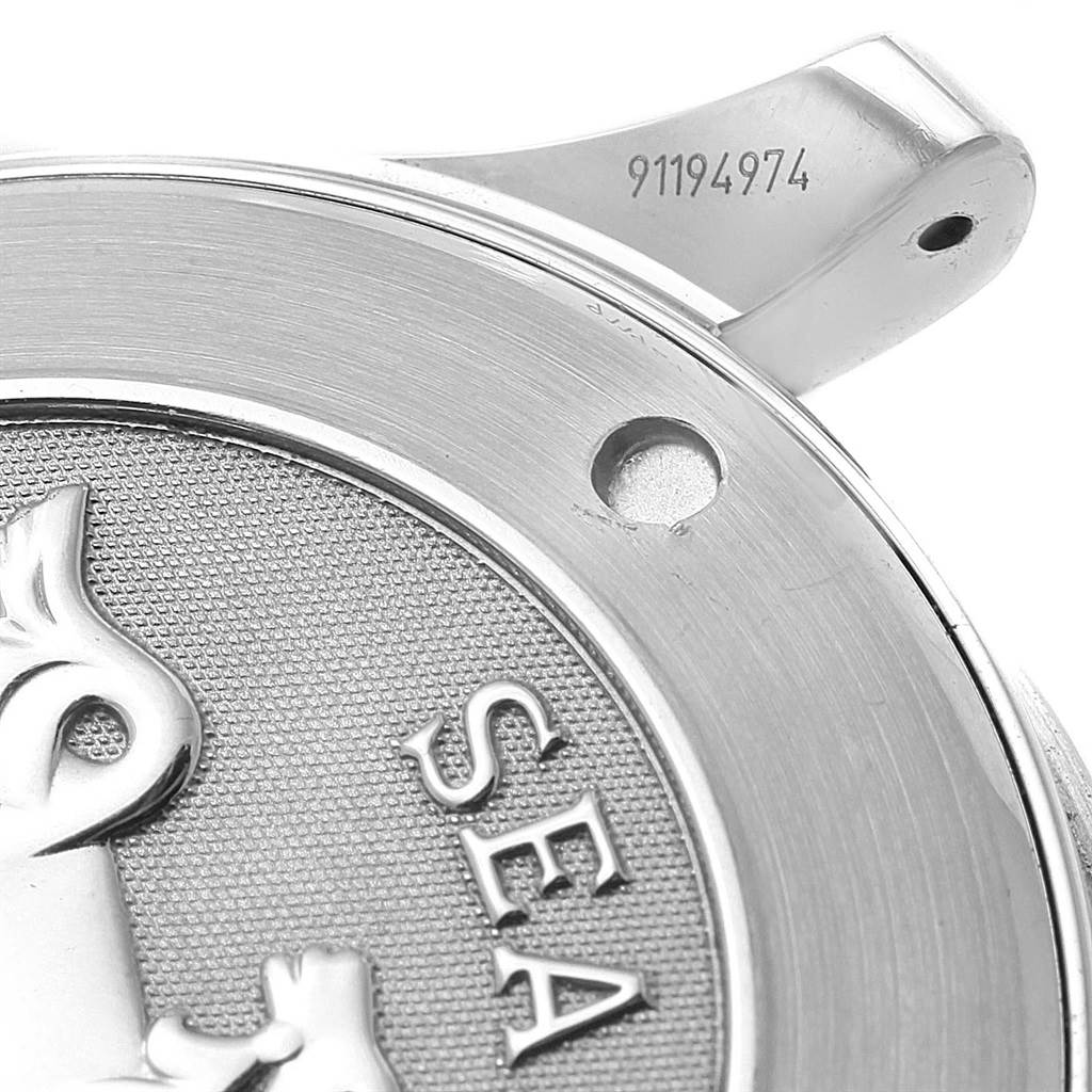 This image shows a close-up angle of the back case and lug of an Omega Seamaster 212.30.41.61.01.001 Men
s Stainless Steel Black Dial 212.30.41.61.01.001 Men
s Stainless Steel Black Dial with visible branding and serial number.