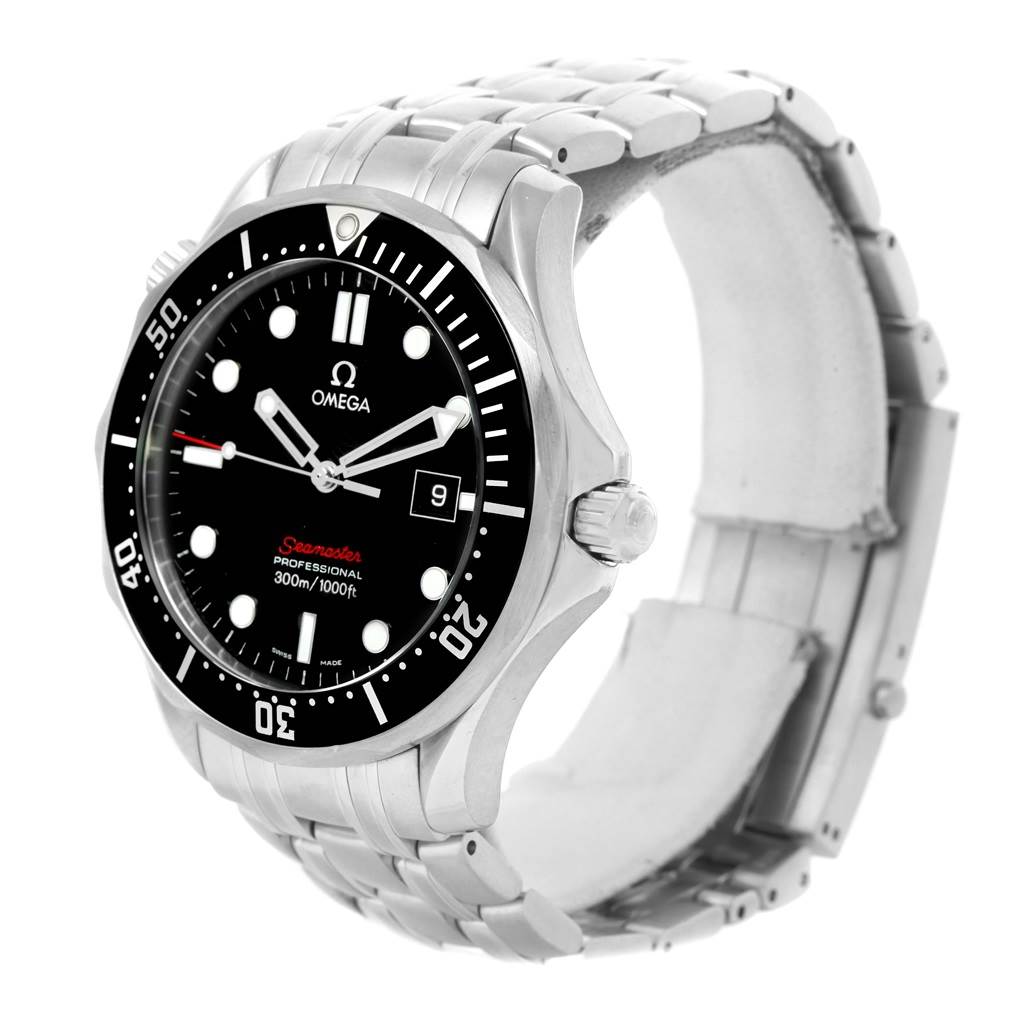 The image shows an angled view of the Omega Seamaster 212.30.41.61.01.001 Men
s Stainless Steel Black Dial 212.30.41.61.01.001 Men
s Stainless Steel Black Dial, highlighting its dial, bezel, crown, and bracelet.