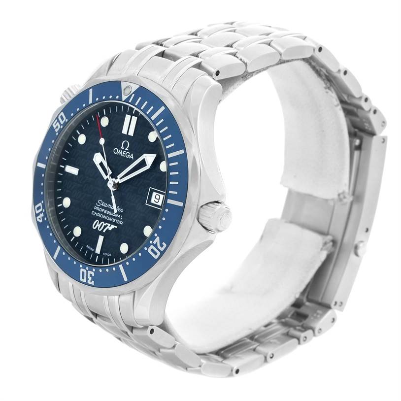 The image shows an Omega Seamaster 2537.80.00 Men's Stainless Steel Blue Dial 2537.80.00 Men's Stainless Steel Blue Dial watch at a three-quarter angle, highlighting its blue face, bezel, and stainless steel bracelet.