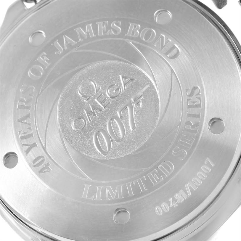 This image shows the back case of an Omega Seamaster 2537.80.00 Men's Stainless Steel Blue Dial 2537.80.00 Men's Stainless Steel Blue Dial 007 limited series watch from a close-up angle.