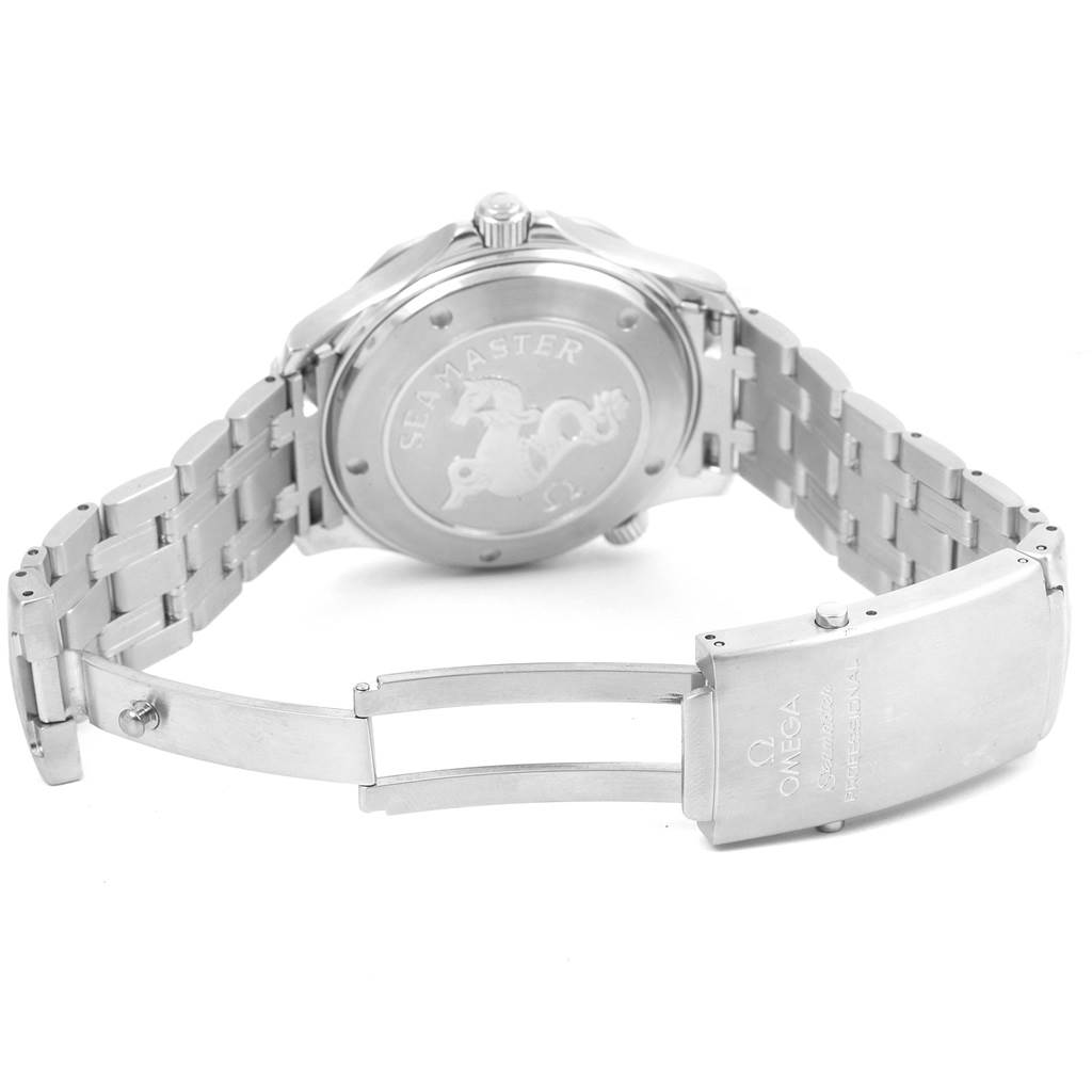 This image shows the back and bracelet clasp of the Omega Seamaster 212.30.41.20.01.002 Men
s Stainless Steel Black Dial 212.30.41.20.01.002 Men
s Stainless Steel Black Dial watch, displaying its engraved case back and partially open metal bracelet.