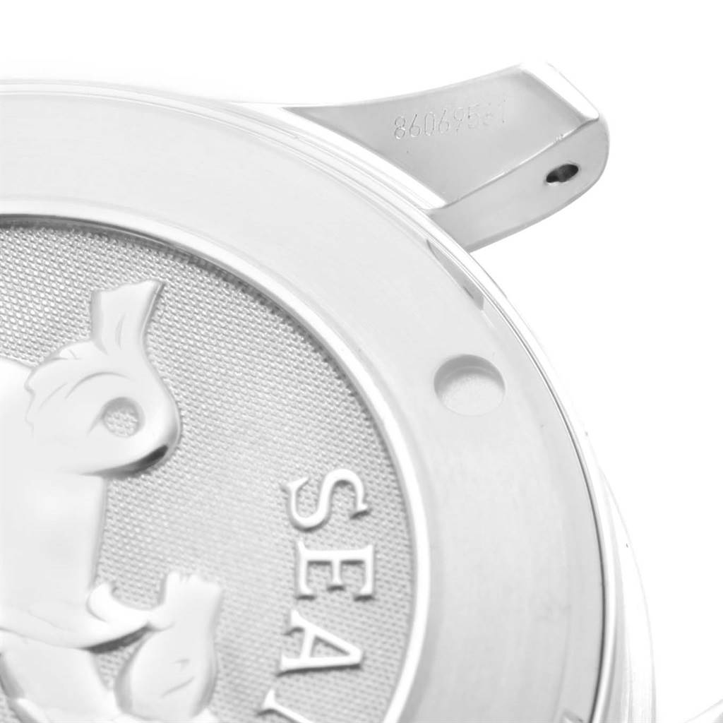 The image shows a close-up, partial view of the case back of an Omega Seamaster 212.30.41.20.01.002 Men
s Stainless Steel Black Dial 212.30.41.20.01.002 Men
s Stainless Steel Black Dial watch, highlighting the engraving and part of the lug.