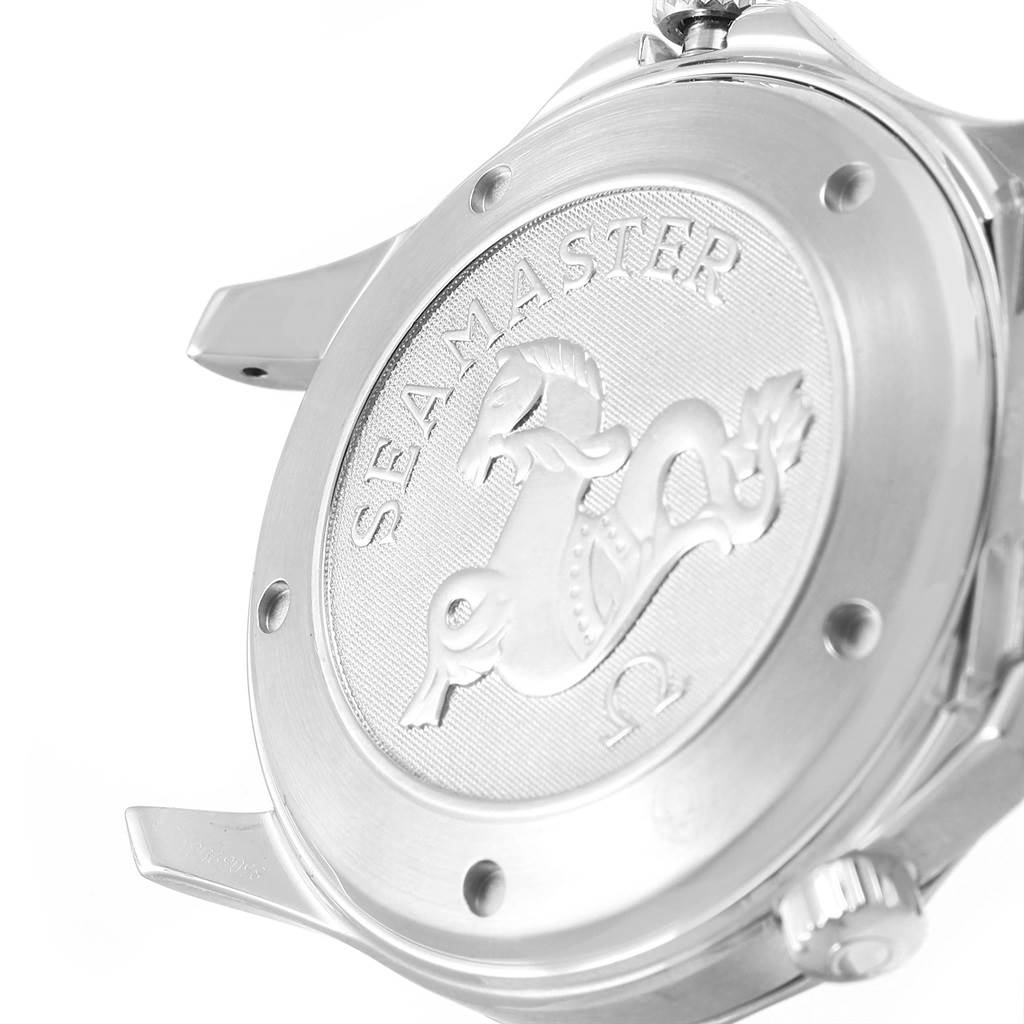 The image shows the back case of an Omega Seamaster 212.30.41.20.01.002 Men
s Stainless Steel Black Dial 212.30.41.20.01.002 Men
s Stainless Steel Black Dial watch, highlighting the embossed logo and brand name.