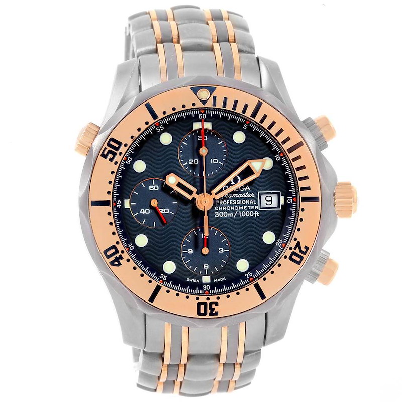 Omega Seamaster Titanium Rose Gold Blue Wave Dial Mens Watch 2296.80.00 SwissWatchExpo