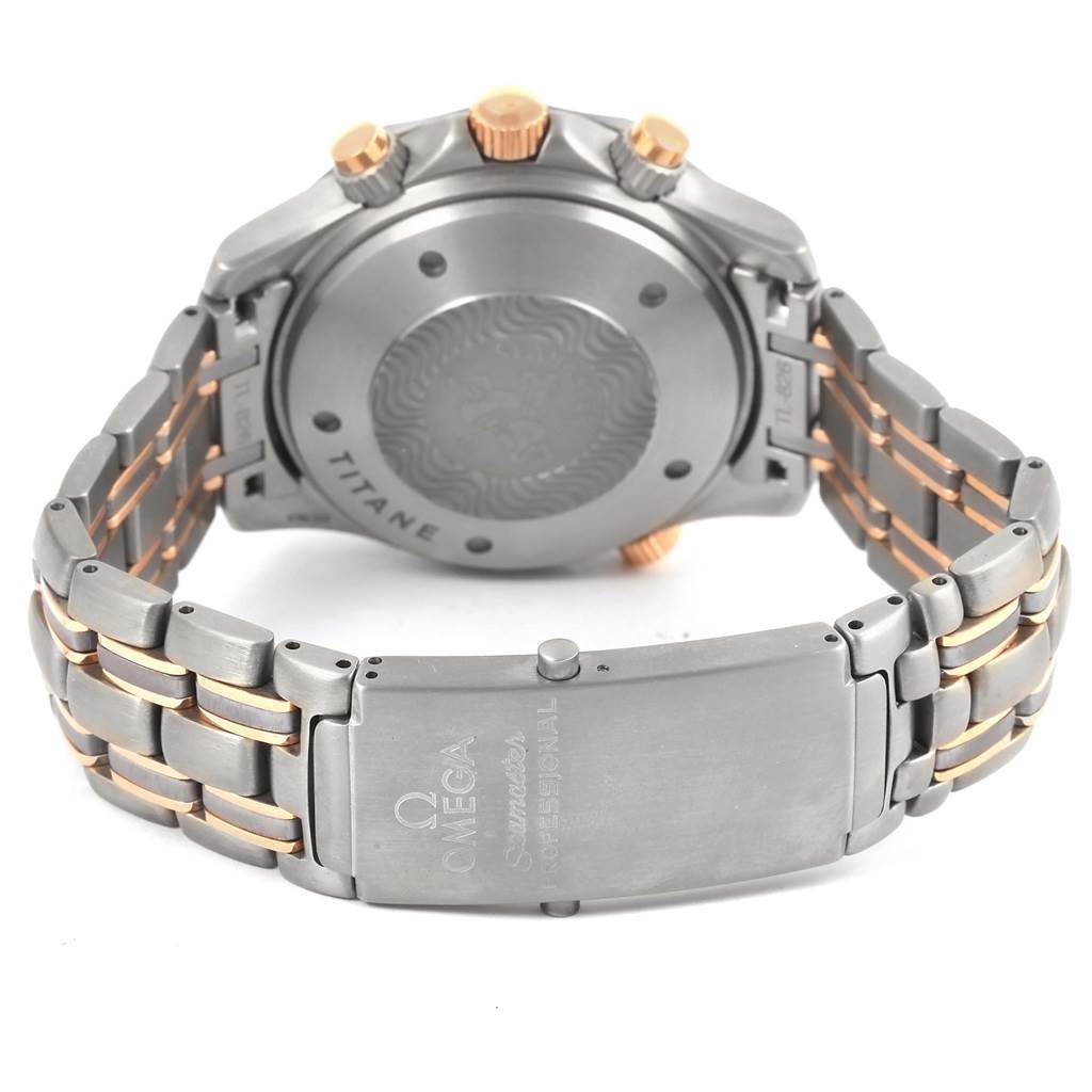 This image shows the back case and bracelet of an Omega Seamaster 2296.80.00 Titanium Blue Dial 2296.80.00 Titanium Blue Dial watch, highlighting the clasp and titanium construction.