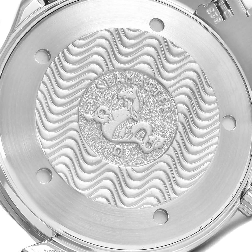 This image shows the engraved case back of an Omega Seamaster 2541.80.00 Men
s Stainless Steel Blue Dial 2541.80.00 Men
s Stainless Steel Blue Dial watch from a top-down angle.