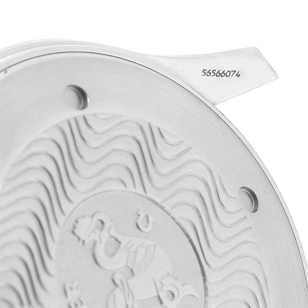 The image shows the backside of the Omega Seamaster 2541.80.00 Men
s Stainless Steel Blue Dial 2541.80.00 Men
s Stainless Steel Blue Dial watch, highlighting its engraved wave pattern and partial serial number.