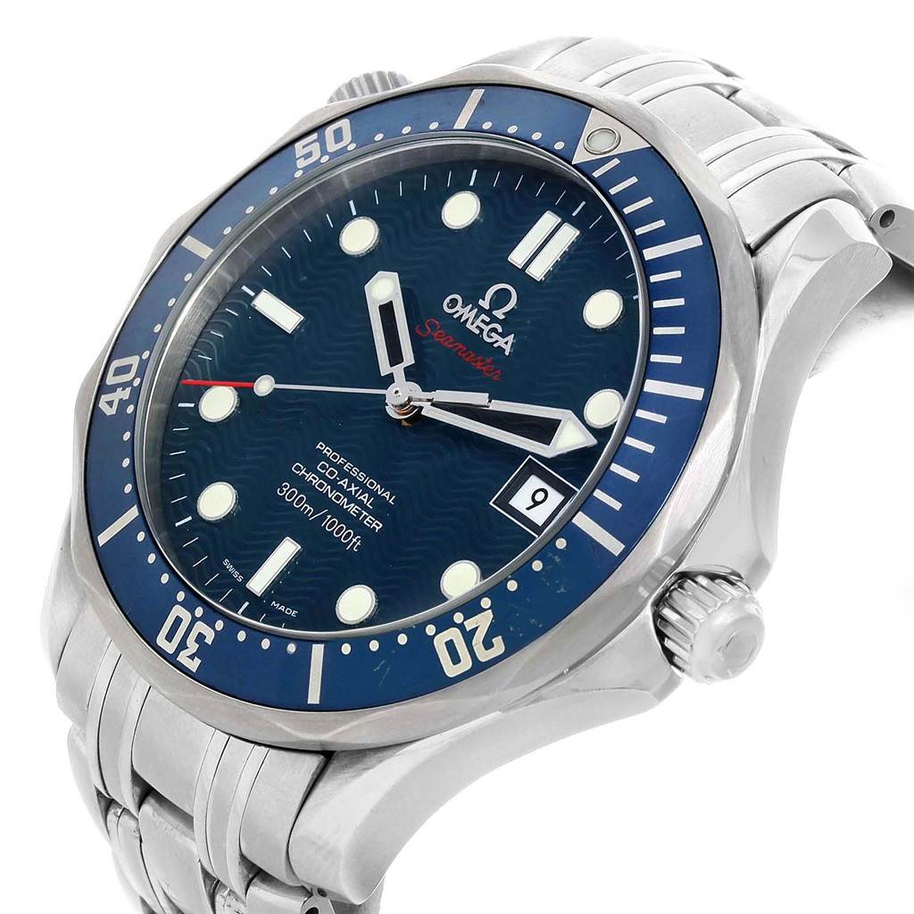 The image shows a close-up angled view of the Omega Seamaster 2220.80.00 Men
s Stainless Steel Blue Dial 2220.80.00 Men
s Stainless Steel Blue Dial watch, highlighting its dial, bezel, and part of the bracelet.