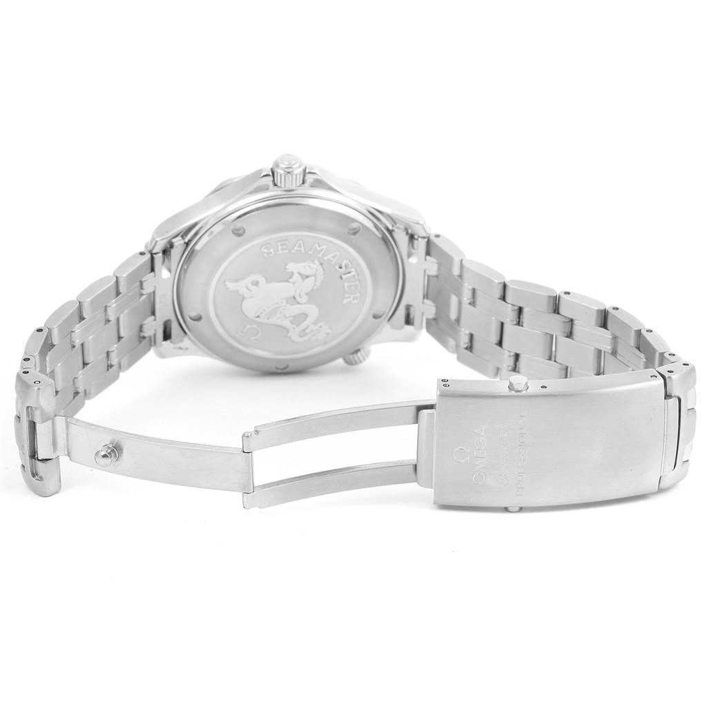 The image shows the backside and clasp of the Omega Seamaster 2220.80.00 Men
s Stainless Steel Blue Dial 2220.80.00 Men
s Stainless Steel Blue Dial watch in an open position.