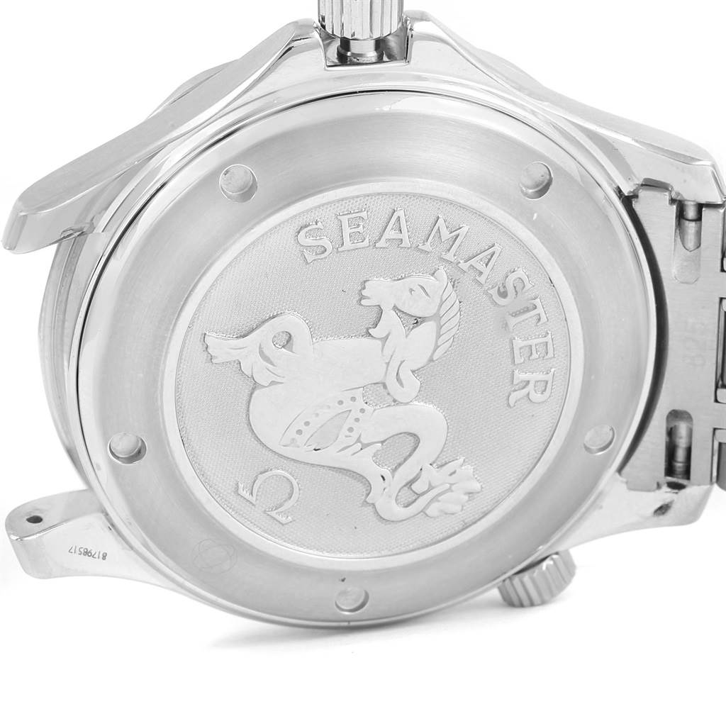 This image displays the back case of an Omega Seamaster 2220.80.00 Men
s Stainless Steel Blue Dial 2220.80.00 Men
s Stainless Steel Blue Dial watch, featuring the engraved logo and detailing.