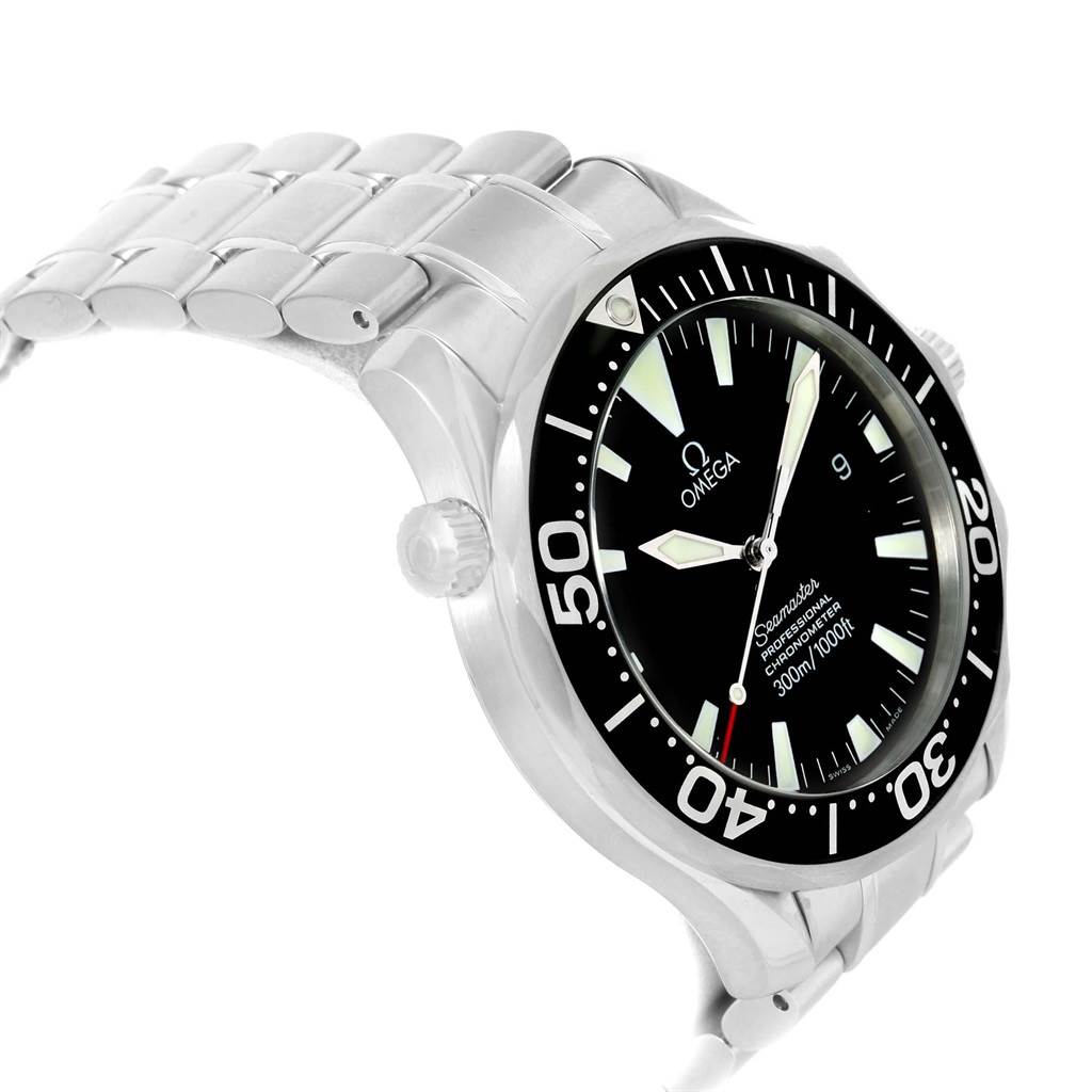 The Omega Seamaster 2254.50.00 Men
s Stainless Steel Black Dial 2254.50.00 Men
s Stainless Steel Black Dial watch is shown at a three-quarter angle, highlighting its bezel, dial, and metal bracelet.