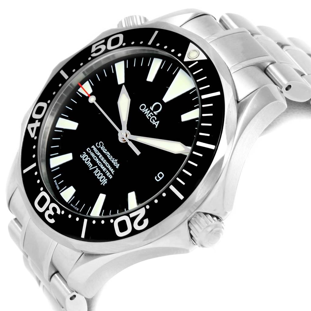 The image shows an Omega Seamaster 2254.50.00 Men
s Stainless Steel Black Dial 2254.50.00 Men
s Stainless Steel Black Dial watch at a diagonal angle, highlighting the dial, bezel, case, and part of the bracelet.