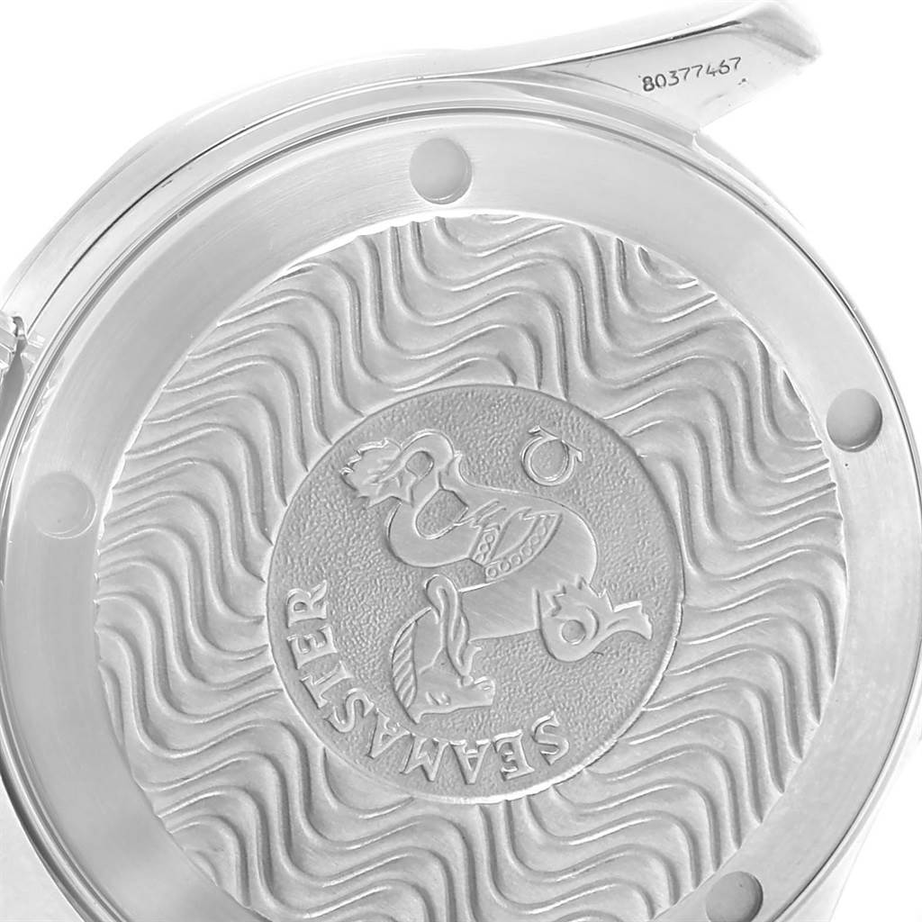 The image shows the case back of an Omega Seamaster 2554.80.00 Men
s Stainless Steel Blue Dial 2554.80.00 Men
s Stainless Steel Blue Dial watch, featuring the engraved Seamaster emblem and wavy patterns.
