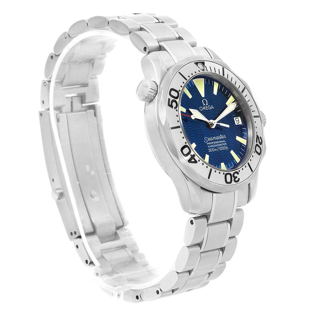 The Omega Seamaster 2554.80.00 Men
s Stainless Steel Blue Dial 2554.80.00 Men
s Stainless Steel Blue Dial watch is shown at a side angle displaying its dial, bezel, crown, and bracelet.