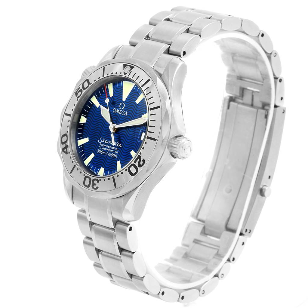 The Omega Seamaster 2554.80.00 Men
s Stainless Steel Blue Dial 2554.80.00 Men
s Stainless Steel Blue Dial watch is shown from a three-quarter angle, highlighting its bezel, dial, crown, and metal bracelet.