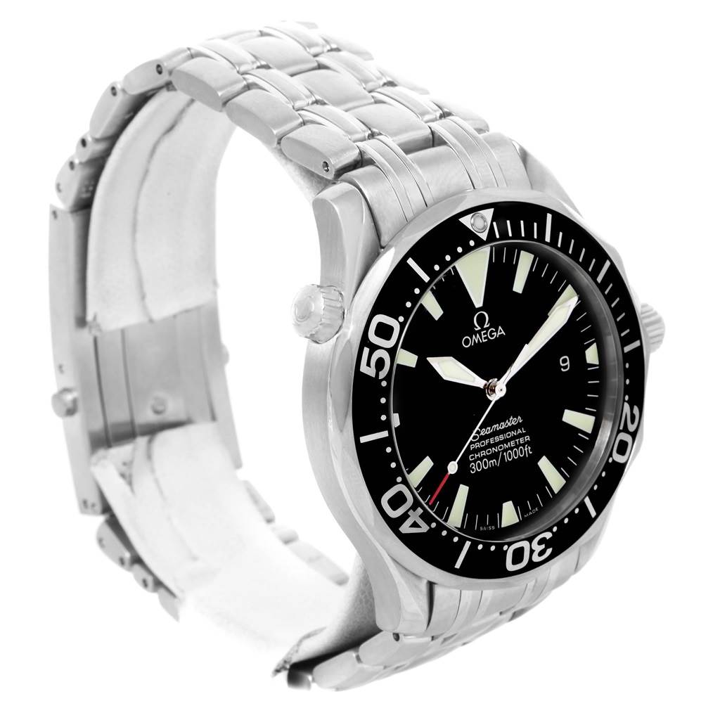 The image shows an Omega Seamaster 2254.50.00 Men
s Stainless Steel Black Dial 2254.50.00 Men
s Stainless Steel Black Dial watch angled from the front-left, displaying the dial, bezel, and stainless steel bracelet.