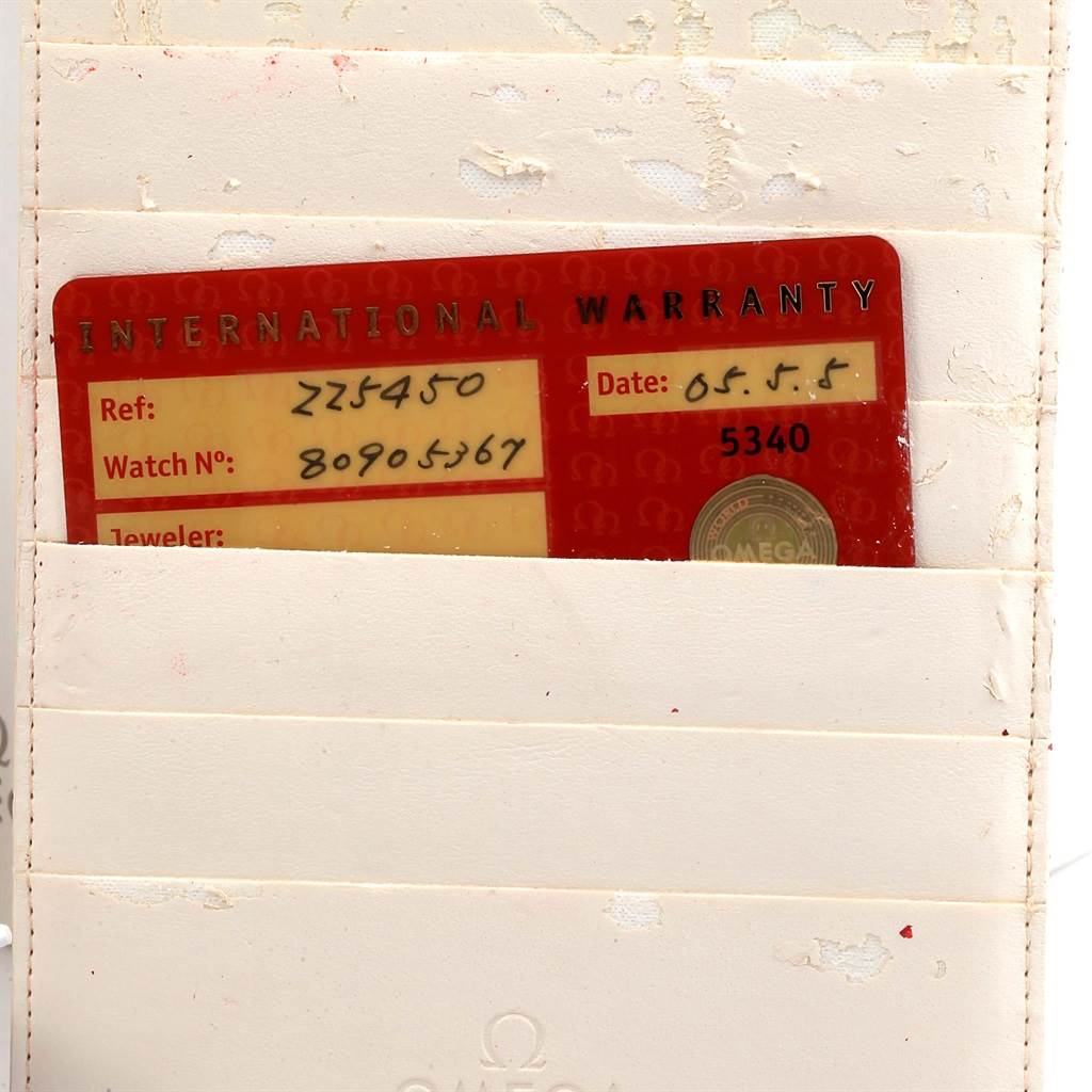 This image shows the international warranty card for a Seamaster model by Omega in a leather cardholder.