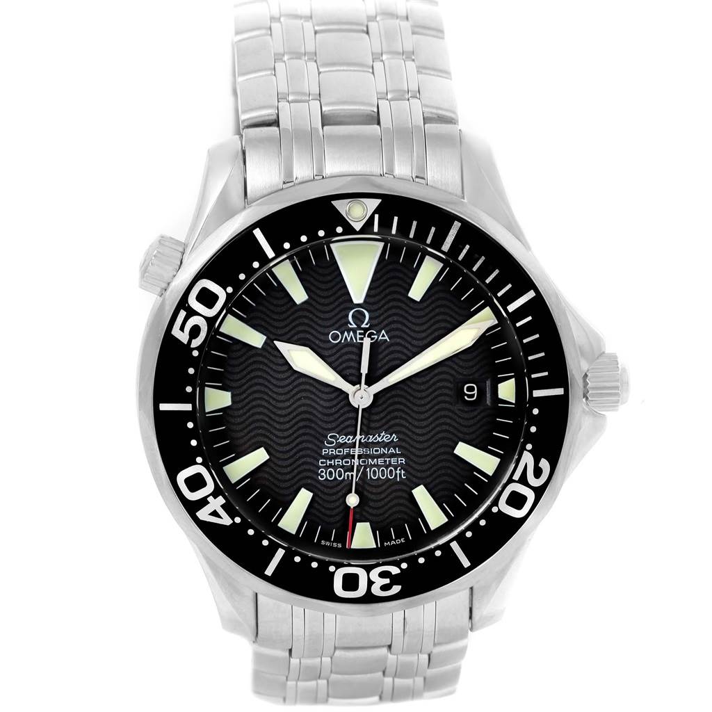 The image shows a front view of an Omega Seamaster 2254.50.00 Men
s Stainless Steel Black Dial 2254.50.00 Men
s Stainless Steel Black Dial watch, highlighting the dial, bezel, and metal bracelet.