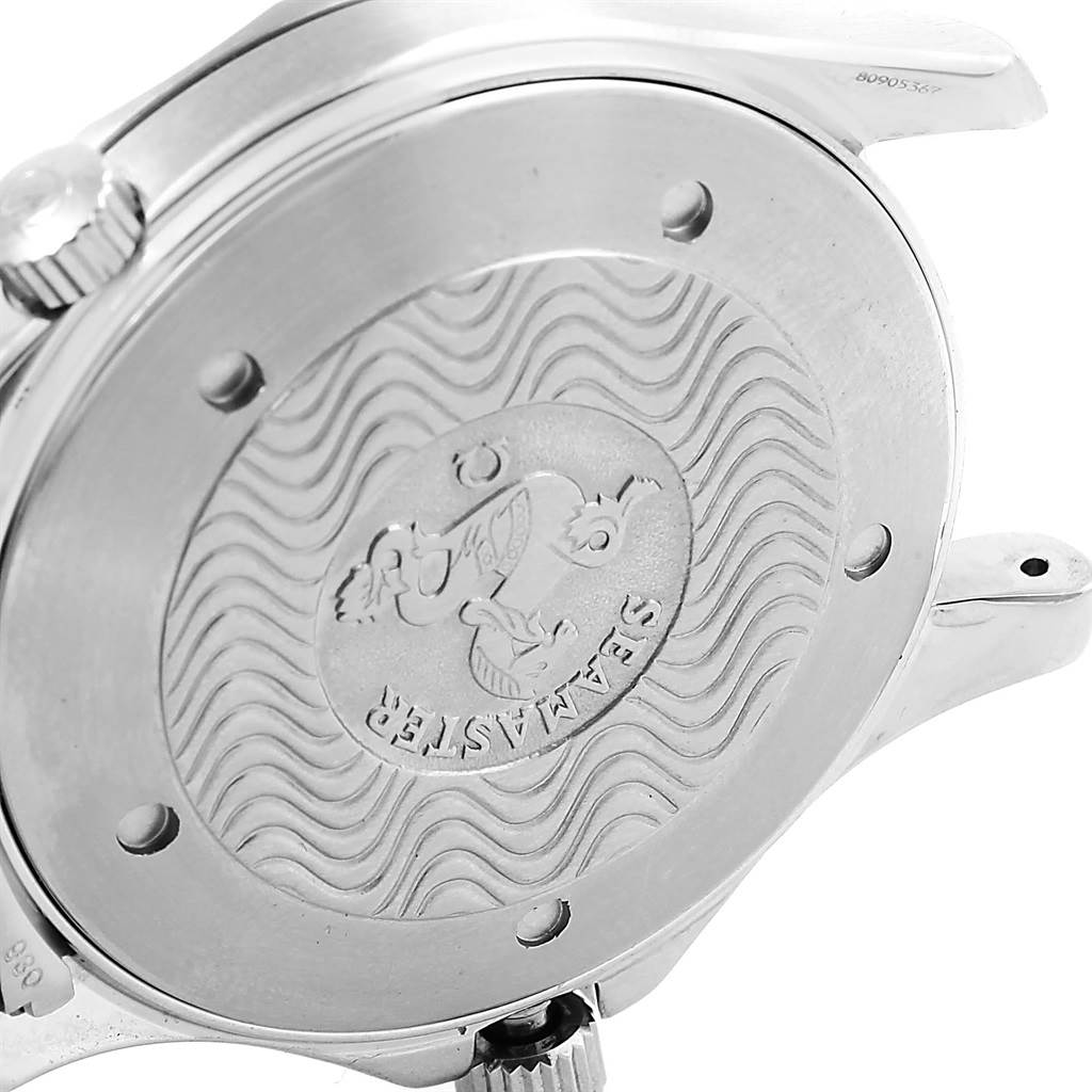 The image shows the back case of an Omega Seamaster 2254.50.00 Men
s Stainless Steel Black Dial 2254.50.00 Men
s Stainless Steel Black Dial watch, including the crown and lugs.