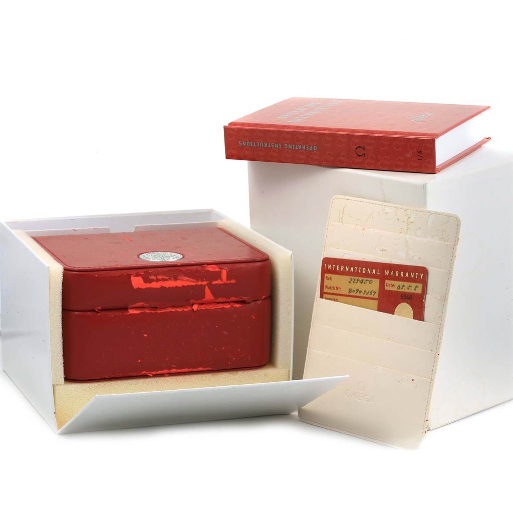 The image shows a red Omega Seamaster 2254.50.00 Men
s Stainless Steel Black Dial 2254.50.00 Men
s Stainless Steel Black Dial watch box, an international warranty card, and an operating instructions booklet.