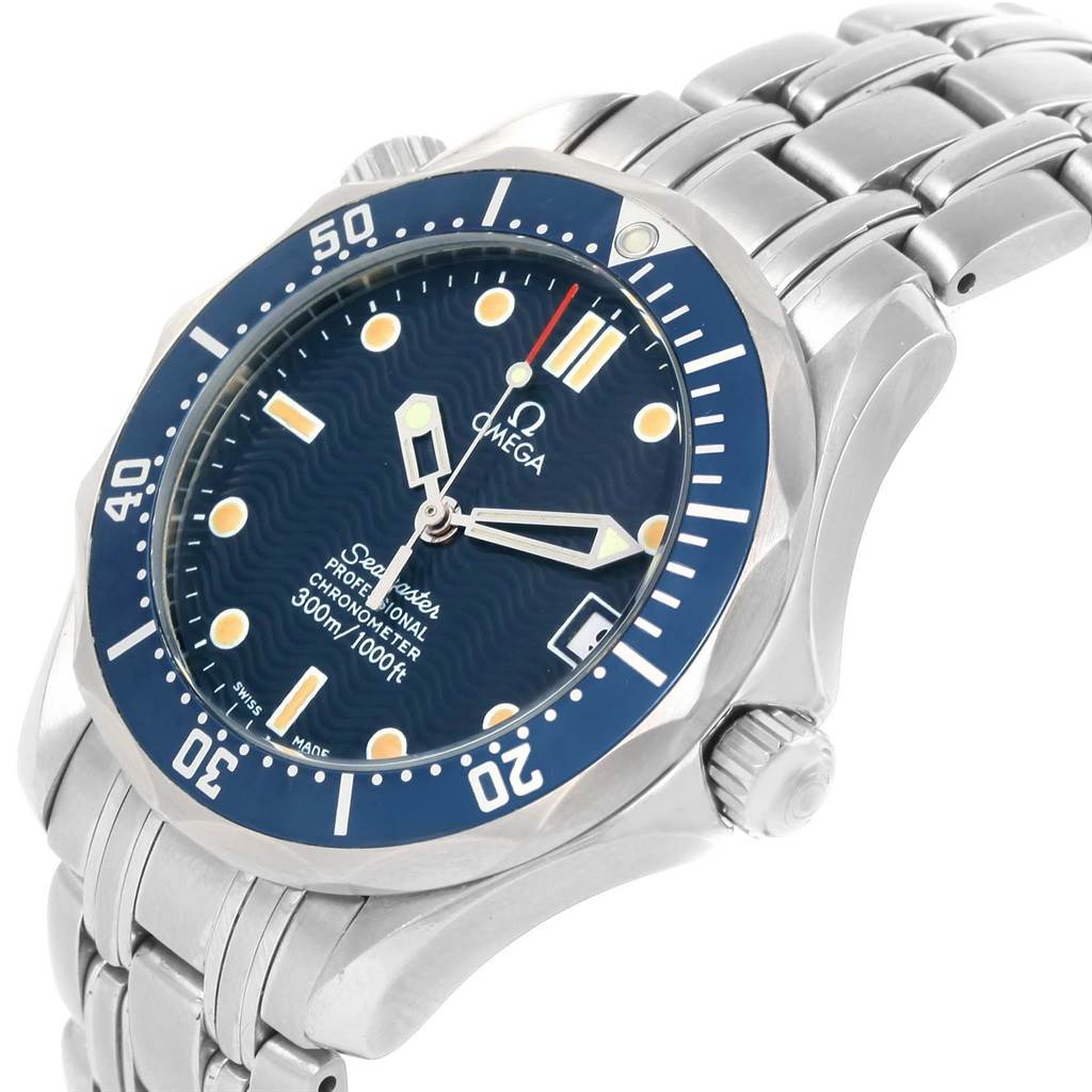 The image shows a side angle of the Omega Seamaster 2551.80.00 Men
s Stainless Steel Blue Dial 2551.80.00 Men
s Stainless Steel Blue Dial watch, highlighting the bezel, face, crown, and part of the bracelet.