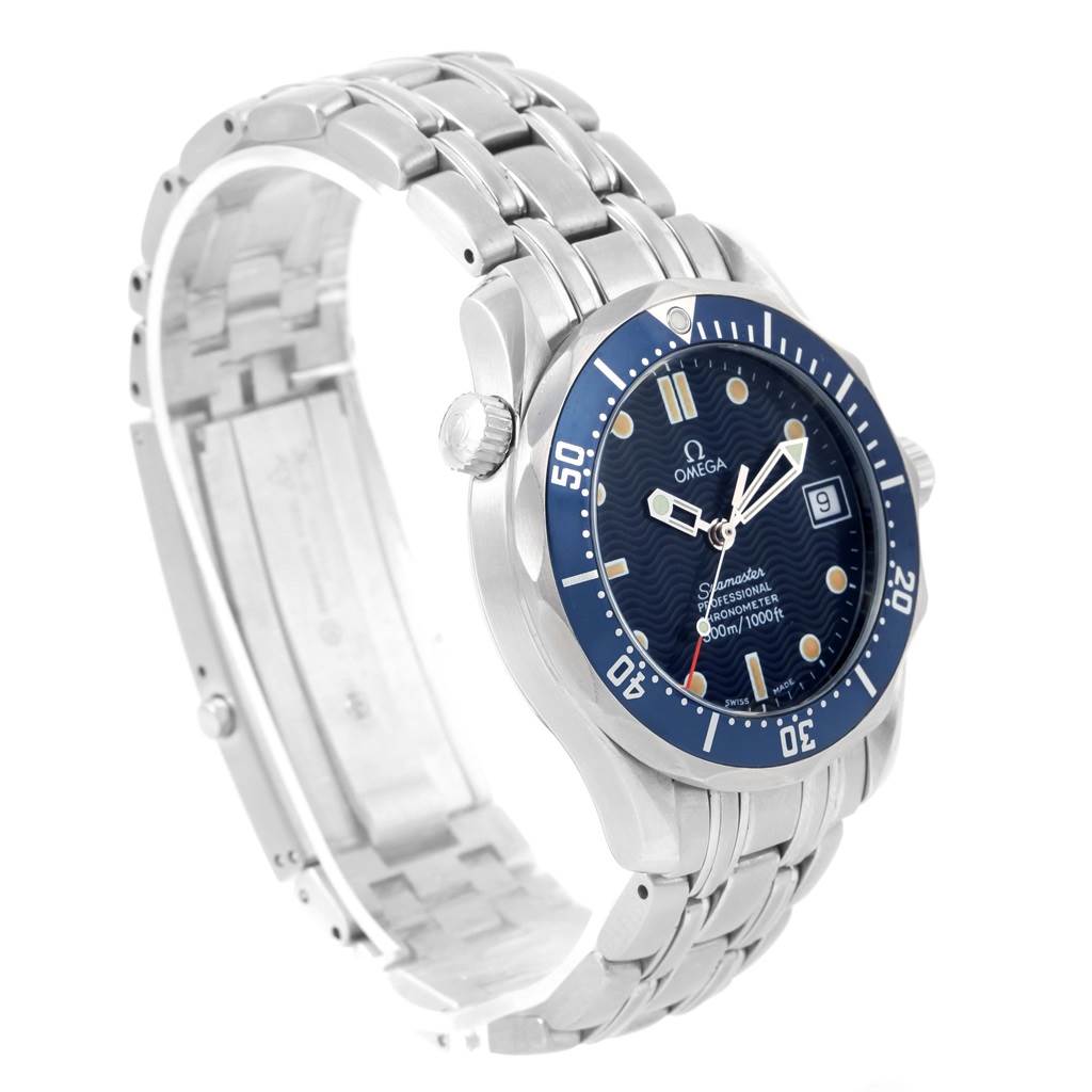 The watch is an Omega Seamaster 2551.80.00 Men
s Stainless Steel Blue Dial 2551.80.00 Men
s Stainless Steel Blue Dial shown from a three-quarter angle, highlighting the face, bezel, bracelet, and crown.