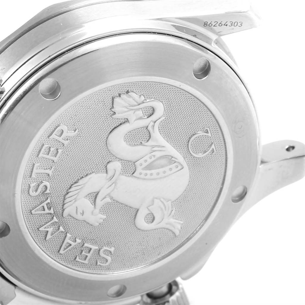 This image shows the case back of an Omega Seamaster 2222.80.00 Men's Stainless Steel Blue Dial 2222.80.00 Men's Stainless Steel Blue Dial watch, featuring its engraved logo and serial number.