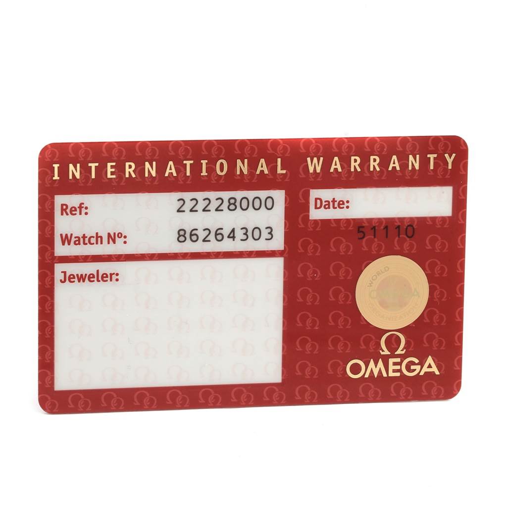 This image shows the international warranty card for an Omega Seamaster 2222.80.00 Men's Stainless Steel Blue Dial 2222.80.00 Men's Stainless Steel Blue Dial watch, featuring reference and watch numbers.