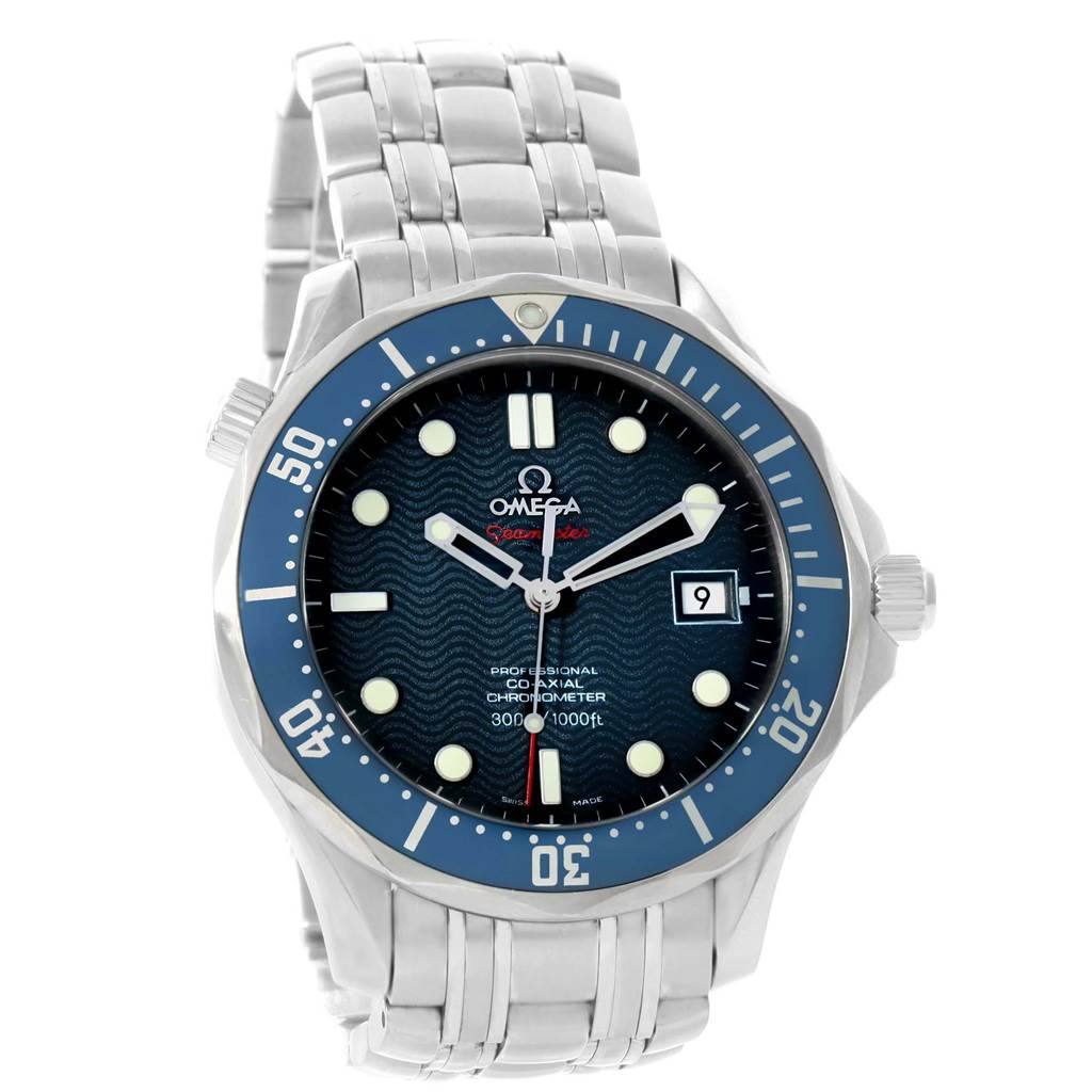 The image shows a front view of an Omega Seamaster 2222.80.00 Men's Stainless Steel Blue Dial 2222.80.00 Men's Stainless Steel Blue Dial watch displaying its face, bezel, crown, and part of the stainless steel bracelet.