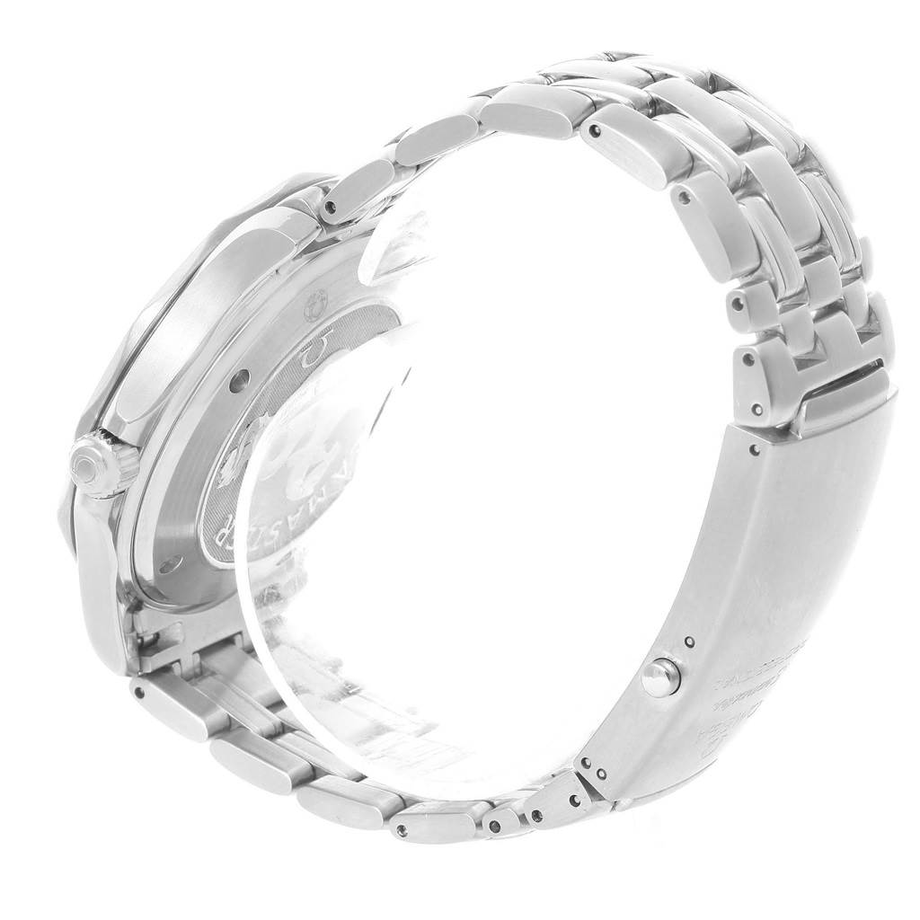 The image shows a side angle of the Omega Seamaster 2222.80.00 Men's Stainless Steel Blue Dial 2222.80.00 Men's Stainless Steel Blue Dial watch, focusing on the case back and stainless steel bracelet.