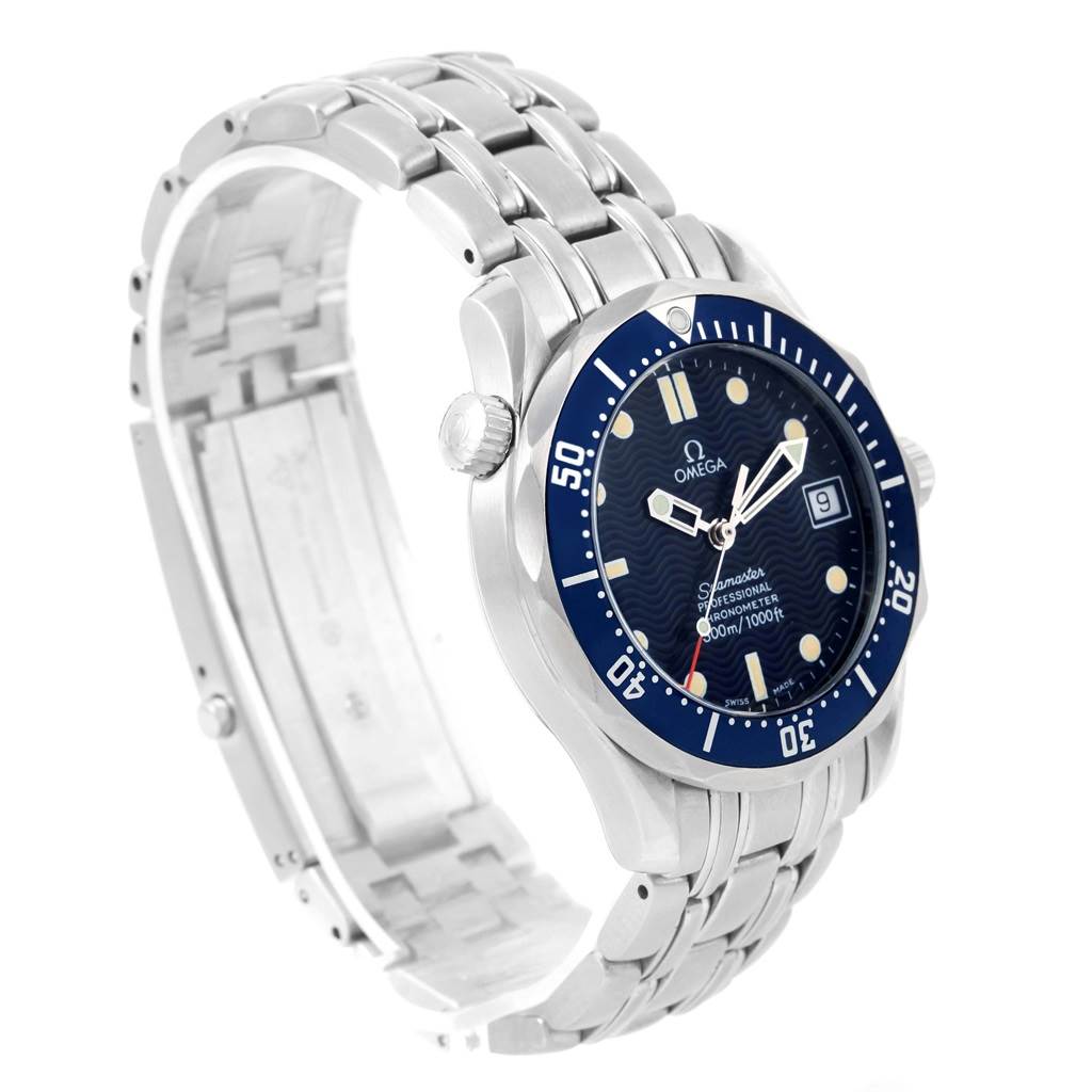 The Omega Seamaster 2551.80.00 Men
s Stainless Steel Blue Dial 2551.80.00 Men
s Stainless Steel Blue Dial watch is shown at a three-quarter angle, highlighting its face, bezel, bracelet, and crown.