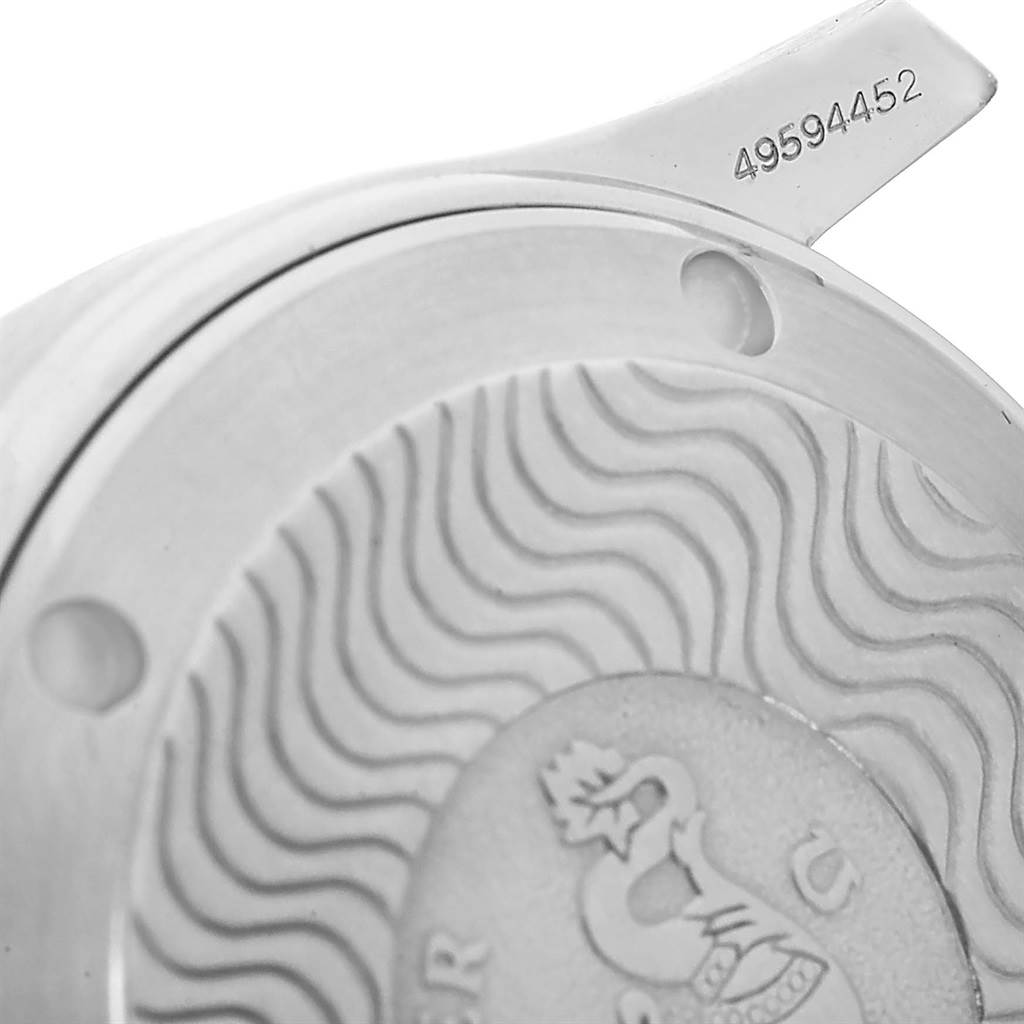 This image shows a close-up of the back case of an Omega Seamaster 2551.80.00 Men
s Stainless Steel Blue Dial 2551.80.00 Men
s Stainless Steel Blue Dial watch, highlighting its engraving and serial number.