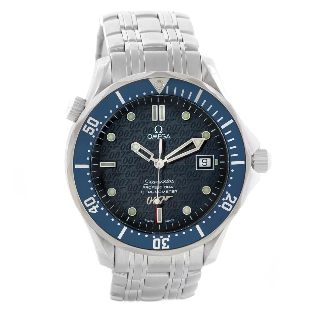 The Omega Seamaster 2537.80.00 Men's Stainless Steel Blue Dial 2537.80.00 Men's Stainless Steel Blue Dial watch is shown from a front angle, displaying the face, bezel, and part of the bracelet.