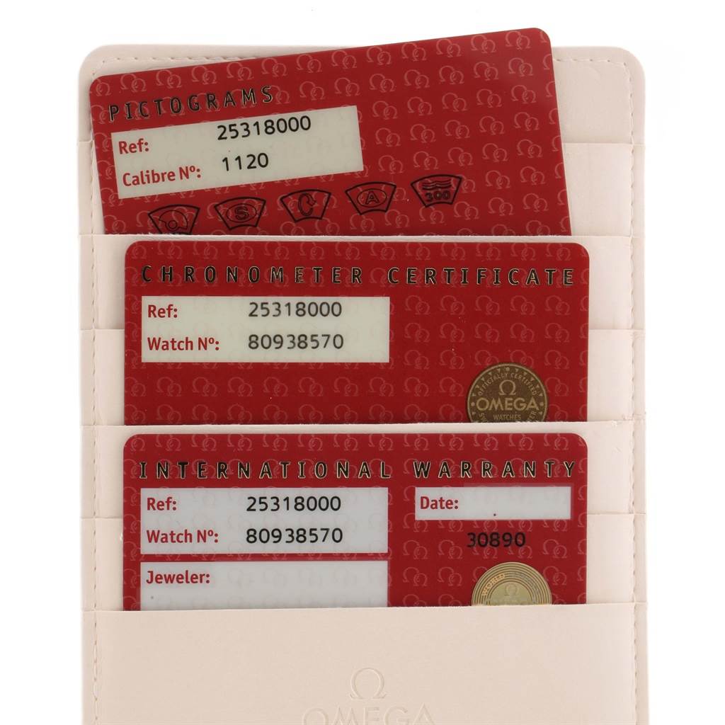 The image shows the warranty cards and certificates for the Omega Seamaster 2537.80.00 Men's Stainless Steel Blue Dial 2537.80.00 Men's Stainless Steel Blue Dial model in a white cardholder.