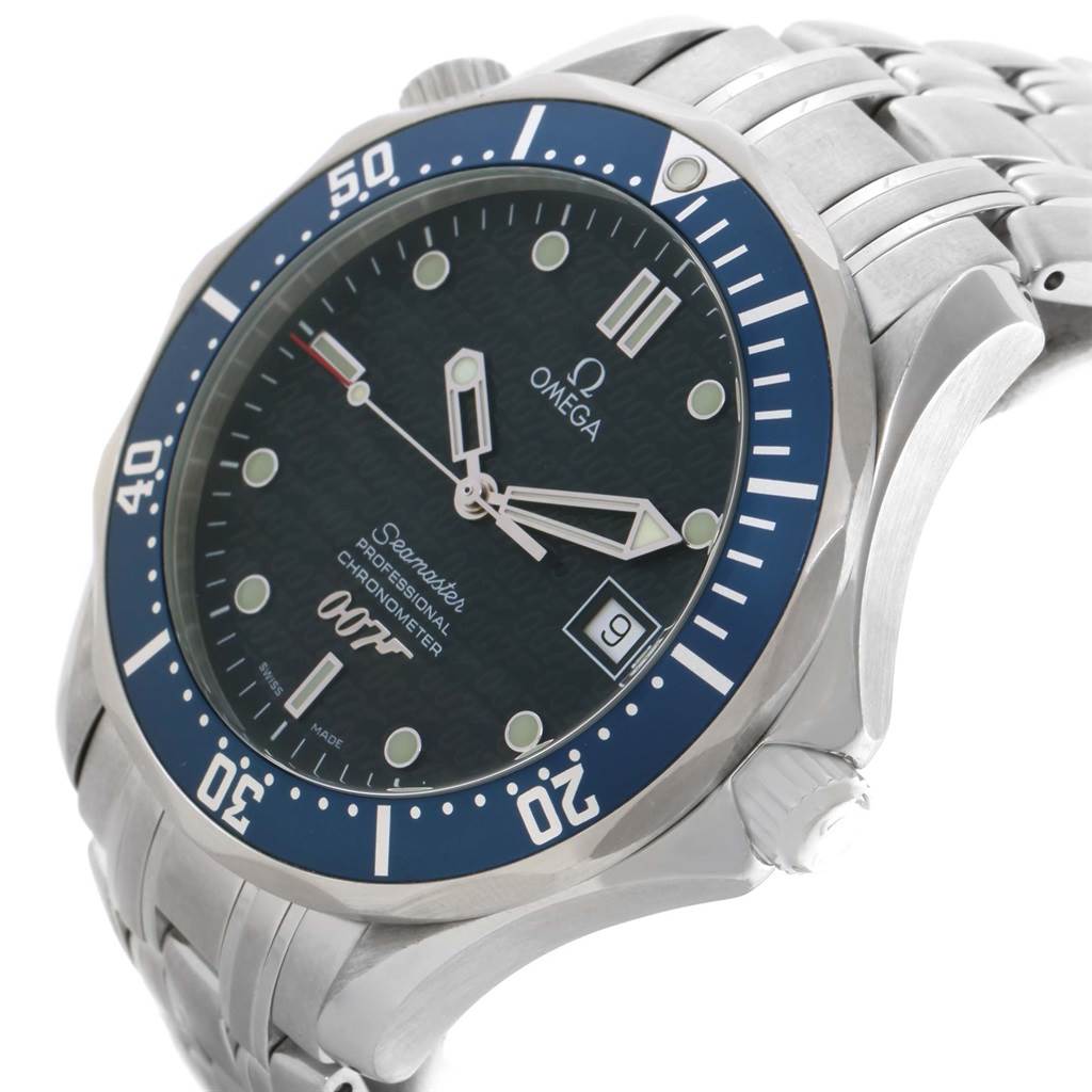 The Omega Seamaster 2537.80.00 Men's Stainless Steel Blue Dial 2537.80.00 Men's Stainless Steel Blue Dial watch is shown from a low side angle, displaying the bezel, dial, crown, and part of the strap.