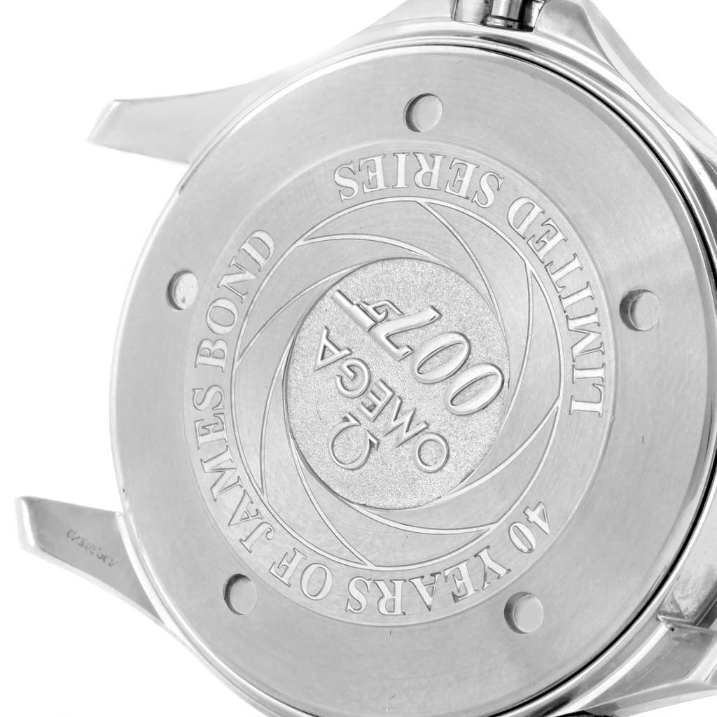 The image shows the case back of an Omega Seamaster 2537.80.00 Men's Stainless Steel Blue Dial 2537.80.00 Men's Stainless Steel Blue Dial watch, highlighting the "James Bond 007 Limited Series" engraving.