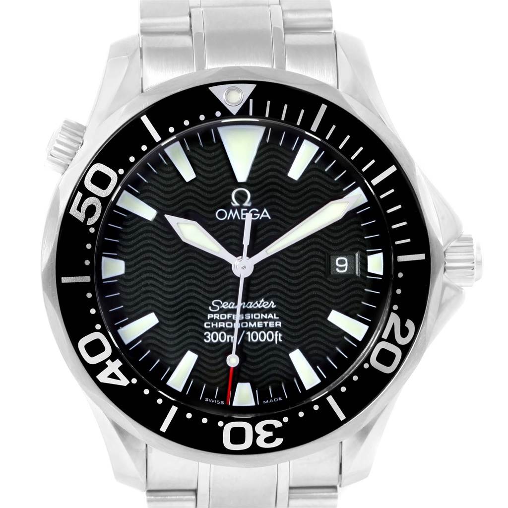 This image shows a front view of the Omega Seamaster 2254.50.00 Men
s Stainless Steel Black Dial 2254.50.00 Men
s Stainless Steel Black Dial watch, featuring the bezel, dial, and part of the stainless steel bracelet.