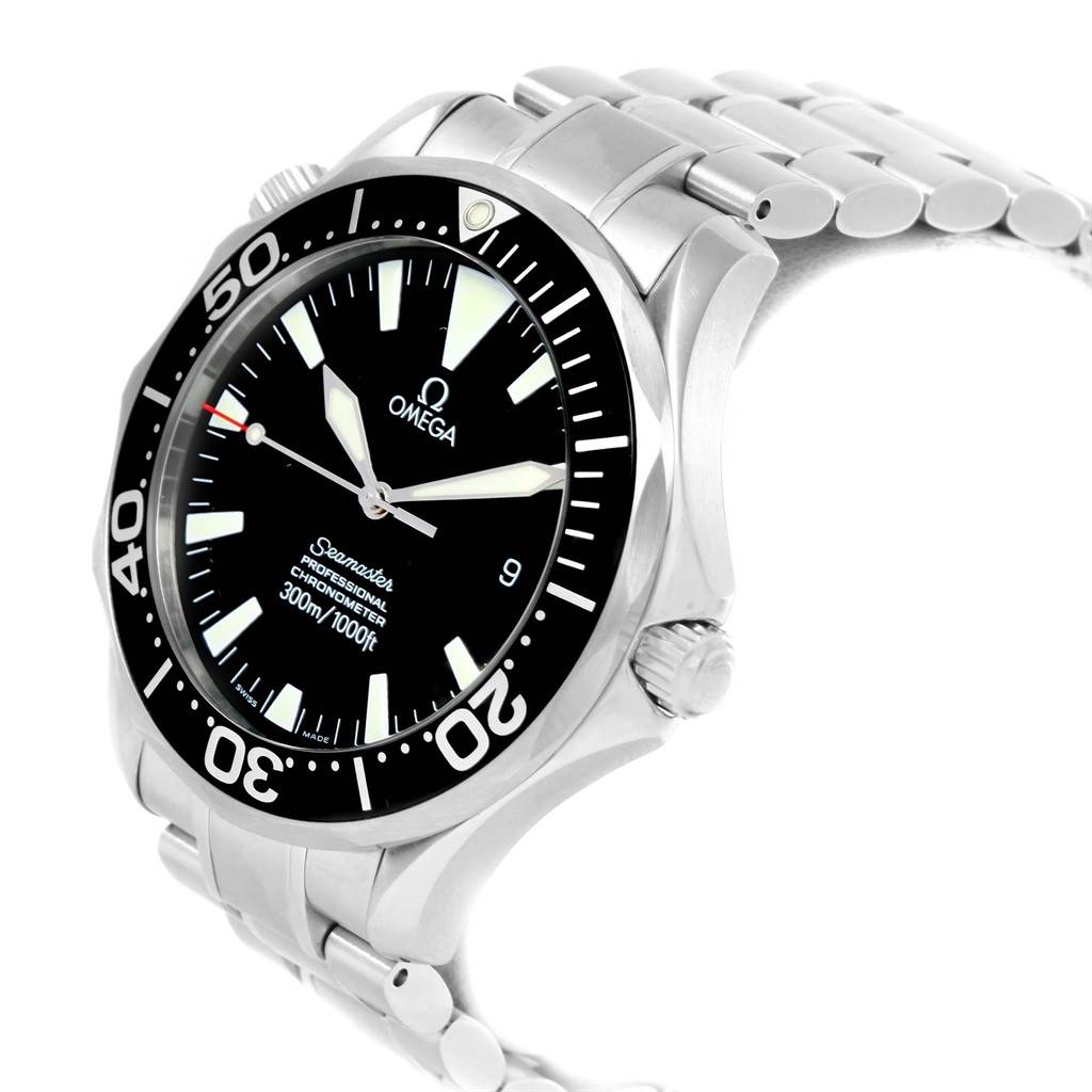 This image shows an Omega Seamaster 2254.50.00 Men
s Stainless Steel Black Dial 2254.50.00 Men
s Stainless Steel Black Dial watch at an oblique angle, highlighting the face, bezel, crown, and part of the bracelet.