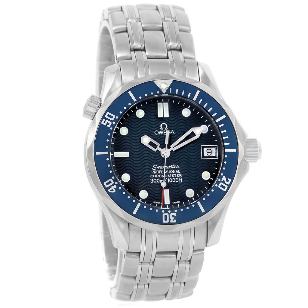 The image shows an Omega Seamaster 2551.80.00 Men
s Stainless Steel Blue Dial 2551.80.00 Men
s Stainless Steel Blue Dial watch from a front angle, highlighting the dial, bezel, bracelet, and crown.