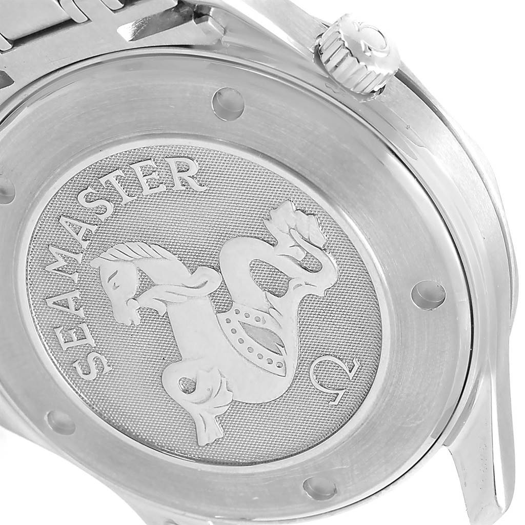 This image shows the case back and crown of an Omega Seamaster 212.30.41.61.01.001 Men
s Stainless Steel Black Dial 212.30.41.61.01.001 Men
s Stainless Steel Black Dial watch, featuring the Seahorse logo.