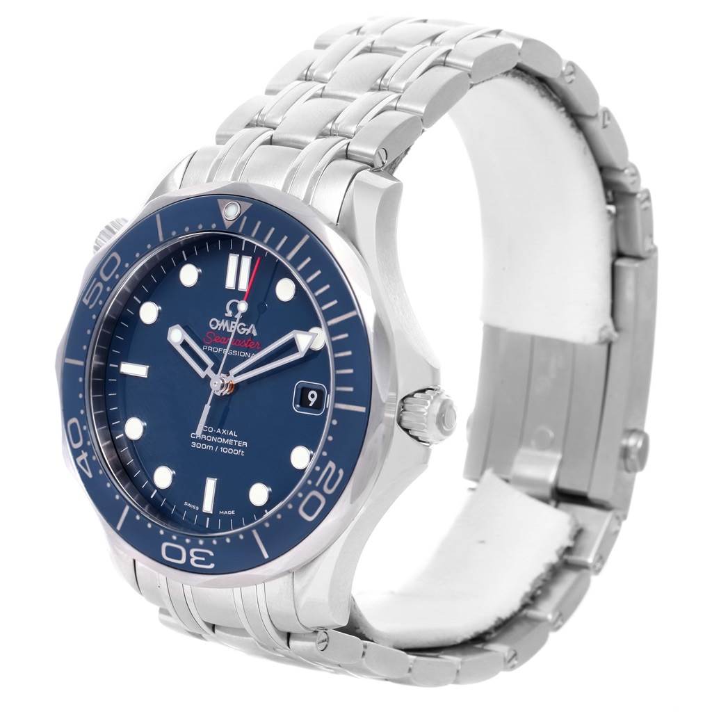 The Omega Seamaster 212.30.41.20.03.001 Men
s Stainless Steel Blue Dial 212.30.41.20.03.001 Men
s Stainless Steel Blue Dial watch is shown at a three-quarter angle, highlighting its face, bezel, crown, and metal bracelet.