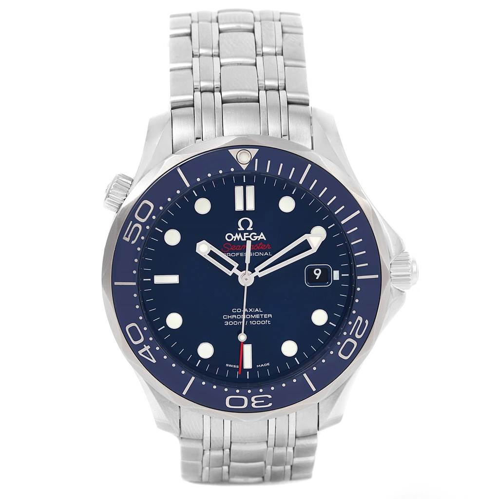 The image shows a front view of the Omega Seamaster 212.30.41.20.03.001 Men
s Stainless Steel Blue Dial 212.30.41.20.03.001 Men
s Stainless Steel Blue Dial watch, displaying its dial, bezel, bracelet, and crown.