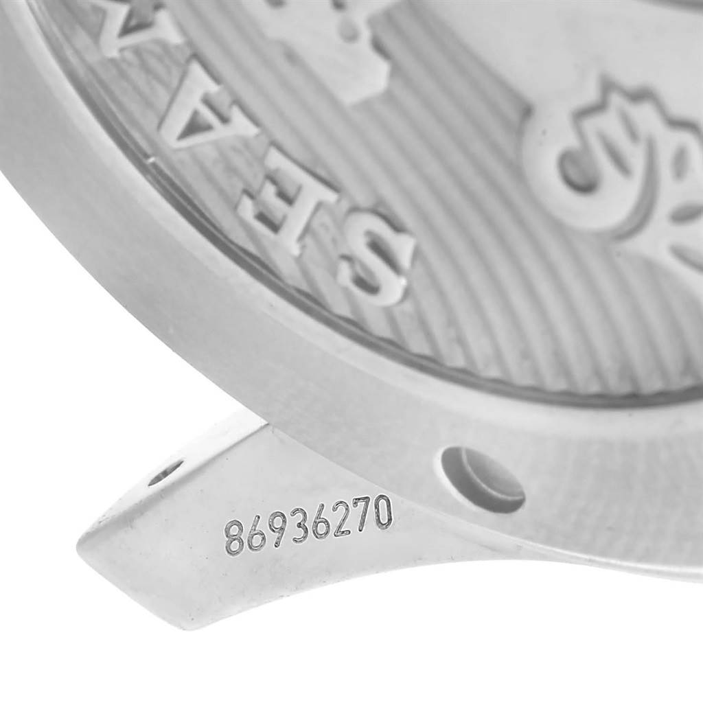 The image shows a close-up view of the side and part of the caseback of an Omega Seamaster 212.30.41.20.03.001 Men
s Stainless Steel Blue Dial 212.30.41.20.03.001 Men
s Stainless Steel Blue Dial watch, including the serial number.