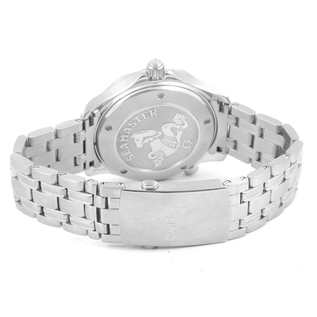 The image shows a rear view of an Omega Seamaster 212.30.41.20.03.001 Men
s Stainless Steel Blue Dial 212.30.41.20.03.001 Men
s Stainless Steel Blue Dial watch, highlighting the case back and the stainless steel bracelet.